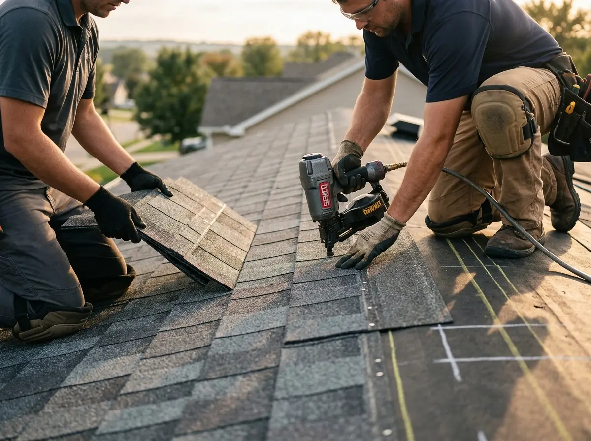 Professional roofer working on a residential roof in Four Square Mile